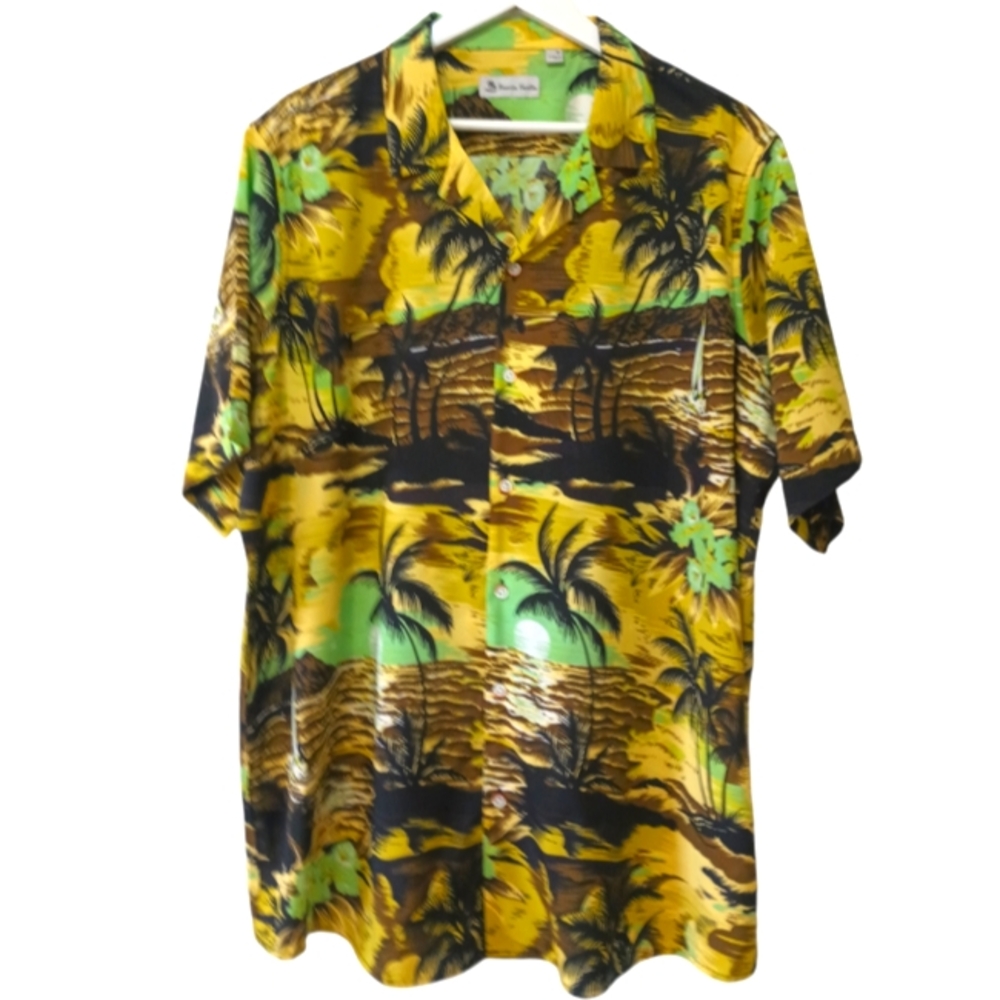 Hawaiian Vacation Tropical Scenery Printed Button Down Shirt